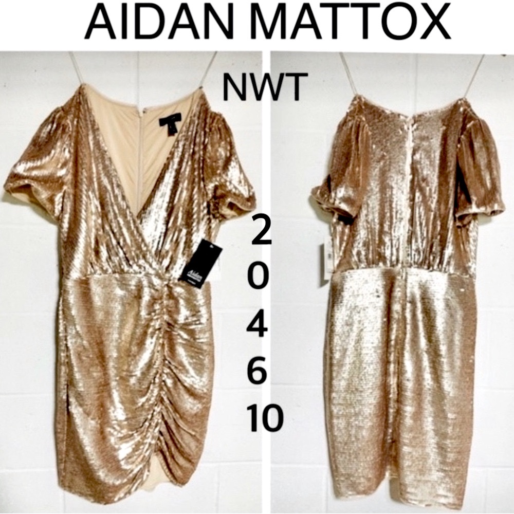 AIDAN MATTOX champagne gold sequined party dress deep plunge NEW NWT 0 2 4 6 10